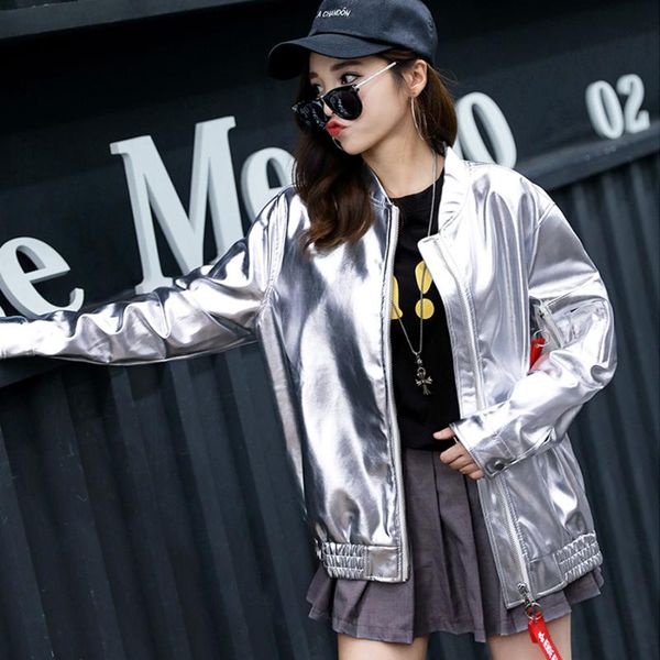 women's jackets pu women 2021 autumn fashion bright silver motorcycle coat faux leather biker jacket female loose baseball coats, Black;brown
women's jackets pu women 2021 autumn fashion bright silver motorcycle coat faux leather biker jacket female loose baseball coats, Black;brown
