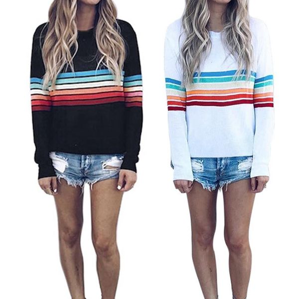 women's t-shirt colorful raiow stripes round neck long sleeve casual fashionable pullover autumn bottoming shirt women, White
women's t-shirt colorful raiow stripes round neck long sleeve casual fashionable pullover autumn bottoming shirt women, White