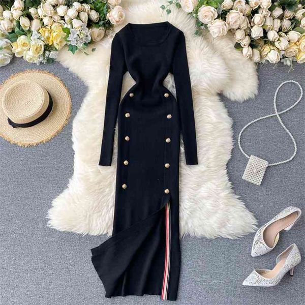 arrival women double breasted knit dress vestidos retro long sleeve o neck split elegant woman fashion knitted dresses 210602, Black;gray
arrival women double breasted knit dress vestidos retro long sleeve o neck split elegant woman fashion knitted dresses 210602, Black;gray