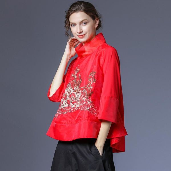 women's blouses & shirts organza stand collar vintage embroidery oversize loose three quarters sleeve elegant summer female top, White
women's blouses & shirts organza stand collar vintage embroidery oversize loose three quarters sleeve elegant summer female top, White