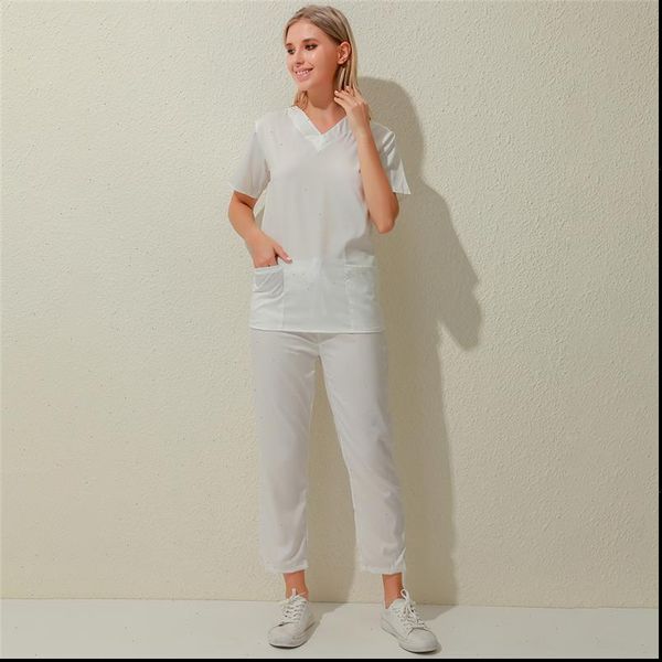 quality nursing uniforms suit feminine womens pants slim v neck work clothes pocket solid color set short sleeve amp, White
quality nursing uniforms suit feminine womens pants slim v neck work clothes pocket solid color set short sleeve amp, White