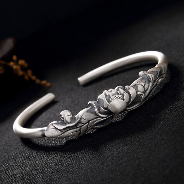 sterling silver lotus ethnic style simple literary retro opening ladies bracelets jewelry good gift bangle, Black
sterling silver lotus ethnic style simple literary retro opening ladies bracelets jewelry good gift bangle, Black