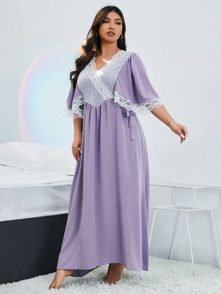 plus dobby mesh insert lace trim butterfly sleeve knot side sleep dress d7bs#, Black;white
plus dobby mesh insert lace trim butterfly sleeve knot side sleep dress d7bs#, Black;white