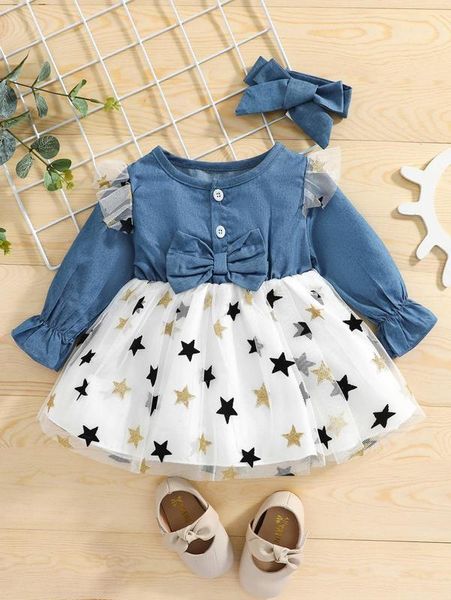 baby star print contrast mesh bow front flounce sleeve dress with headband she, Red;yellow
baby star print contrast mesh bow front flounce sleeve dress with headband she, Red;yellow