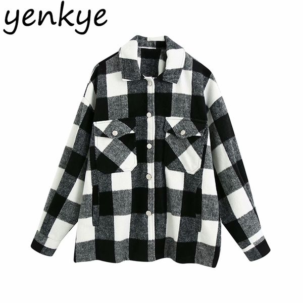vintage black white plaid woolen coat women long sleeve lapel collar pockets autumn jacket overshirts plus size outerwear 210514
vintage black white plaid woolen coat women long sleeve lapel collar pockets autumn jacket overshirts plus size outerwear 210514