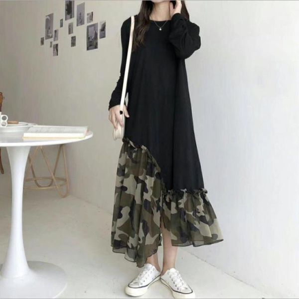 casual dresses 2021 korean fashion irregular dress autumn camouflage stitching round neck long sleeve temperament printing women's, Black;gray 
casual dresses 2021 korean fashion irregular dress autumn camouflage stitching round neck long sleeve temperament printing women's, Black;gray