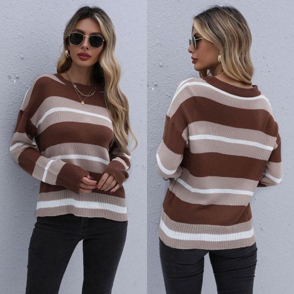 women's sweaters brown splicing long-sleeved striped round neck contrast color knitted sweater women 2021 fall fashion, White;black
women's sweaters brown splicing long-sleeved striped round neck contrast color knitted sweater women 2021 fall fashion, White;black