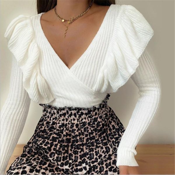 women's sweaters ruffled knitted jumper white women autumn winter v-neck sweater long sleeve 2021 fashion female pullover ladies, White;black
women's sweaters ruffled knitted jumper white women autumn winter v-neck sweater long sleeve 2021 fashion female pullover ladies, White;black