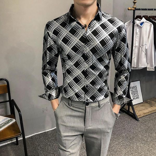 men's slim fit shirts 2021 plaid formal dress shirt business men clothing casual vintage blouse homme, White;black
men's slim fit shirts 2021 plaid formal dress shirt business men clothing casual vintage blouse homme, White;black