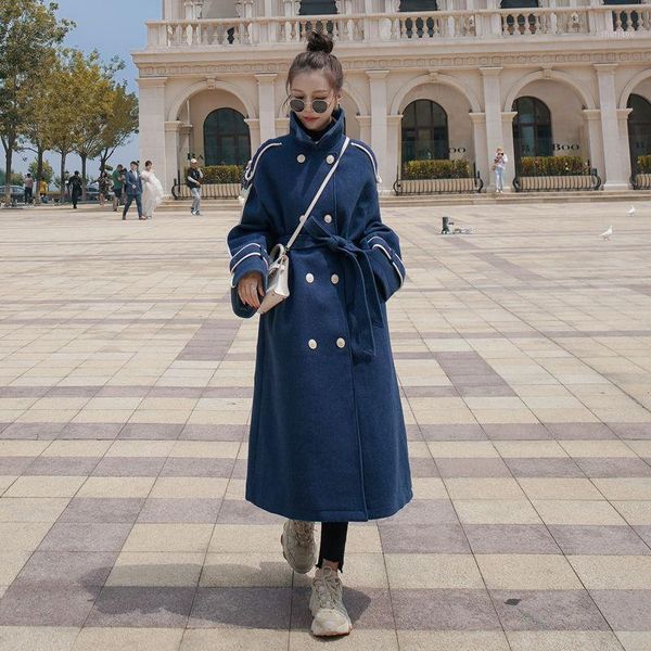 women's wool & blends winter woolen coat double-breasted blue long thick jacket ol belt slim outwear clothing, Black
women's wool & blends winter woolen coat double-breasted blue long thick jacket ol belt slim outwear clothing, Black