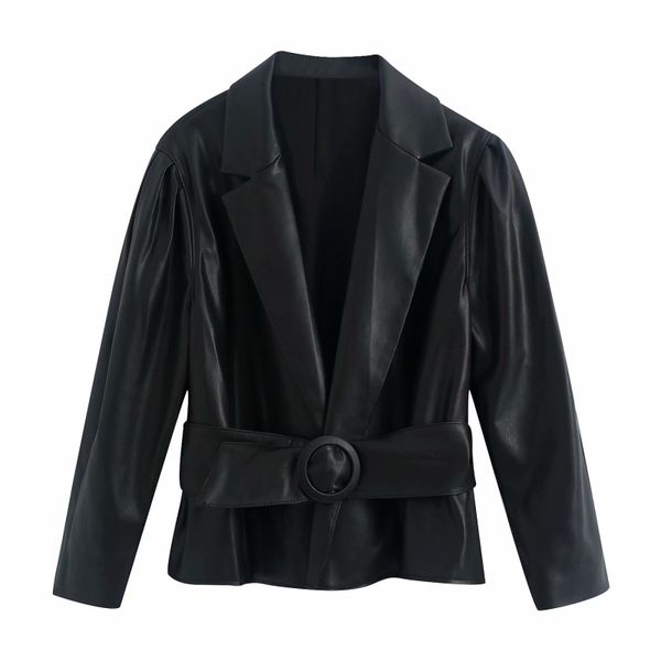 vintage woman black leather sashes short jackets spring fashion ladies puff sleeve coats female cool v neck pu outwear 210515
vintage woman black leather sashes short jackets spring fashion ladies puff sleeve coats female cool v neck pu outwear 210515