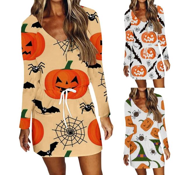 casual dresses halloween pumpkin prints women's autumn long sleeves v-neck waist drawstring mini dress 2021 vestido de manga longa, Black;gray
casual dresses halloween pumpkin prints women's autumn long sleeves v-neck waist drawstring mini dress 2021 vestido de manga longa, Black;gray