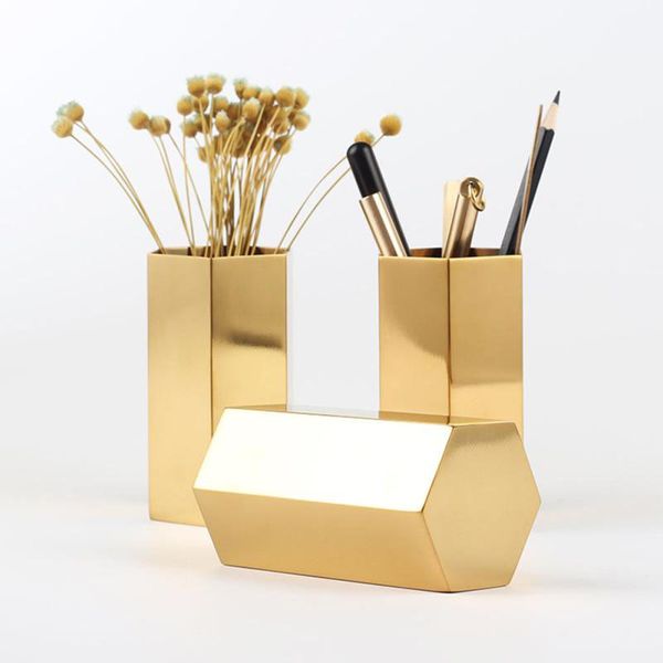 nordic gold pen cosmetic holder vase hexagonal shape diamond makeup brush storage box golden flower vase metal table decoration
nordic gold pen cosmetic holder vase hexagonal shape diamond makeup brush storage box golden flower vase metal table decoration