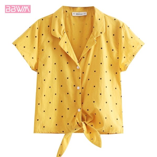 summer fashion women's suit collar knotted short-sleeved polka dot print short loose shirt yellow single-breasted 210507, White
summer fashion women's suit collar knotted short-sleeved polka dot print short loose shirt yellow single-breasted 210507, White