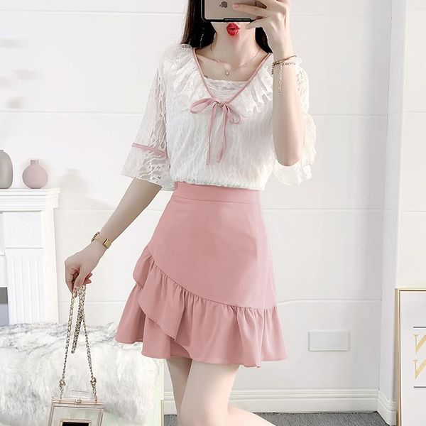 lace pink skirt suit women summer cloth shirt and mini two piece set elegant cute party girl matching oufit dress, White
lace pink skirt suit women summer cloth shirt and mini two piece set elegant cute party girl matching oufit dress, White
