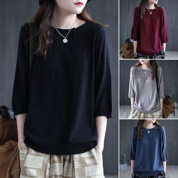 women's t-shirt knit shirt retro low round neck loose solid color three quarter sleeve for spring and summer ll@17, White
women's t-shirt knit shirt retro low round neck loose solid color three quarter sleeve for spring and summer ll@17, White