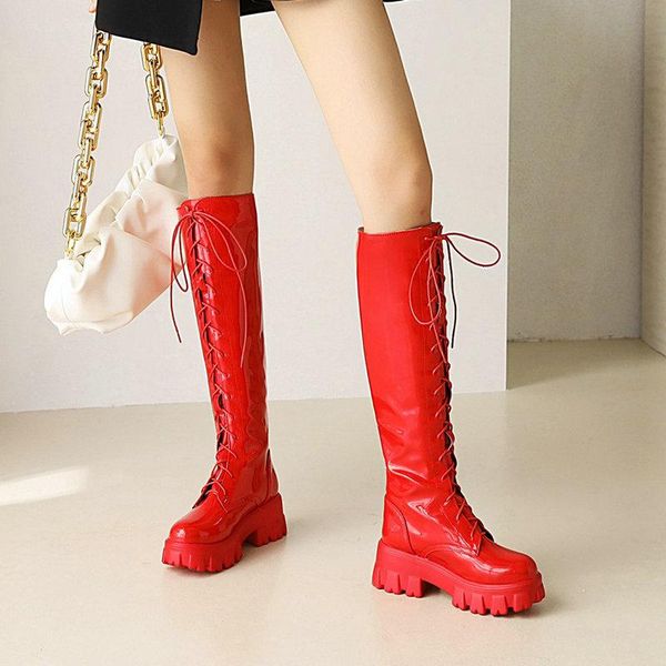 boots autumn winter female patent leather knee high fashion cross tied knight ladies long platform sole women shoes, Black
boots autumn winter female patent leather knee high fashion cross tied knight ladies long platform sole women shoes, Black