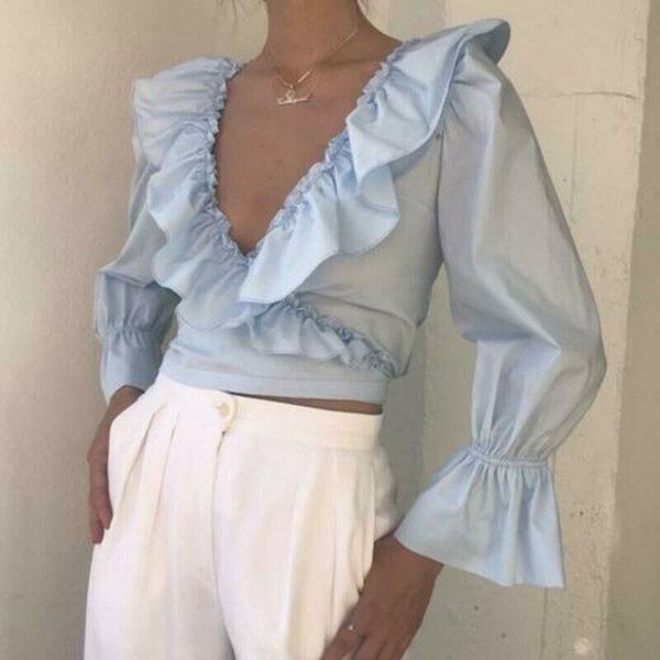 women's blouses & shirts brand slim fit casual solid ruffles deep v-neck long sleeve autumn fashion 2021, White
women's blouses & shirts brand slim fit casual solid ruffles deep v-neck long sleeve autumn fashion 2021, White