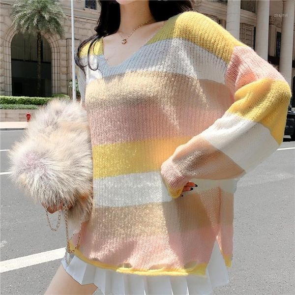 women's sweaters 2021 fashion sweet v neck long sleeve rainbow striped knitted pullover elegant korean loose sweater women, White;black
women's sweaters 2021 fashion sweet v neck long sleeve rainbow striped knitted pullover elegant korean loose sweater women, White;black