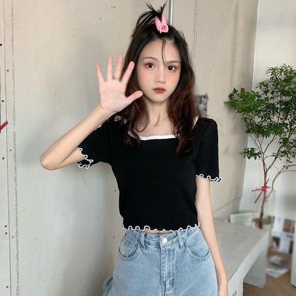 women's t-shirt women square neck short-sleeved thin summer knitting cropped crop top, White
women's t-shirt women square neck short-sleeved thin summer knitting cropped crop top, White