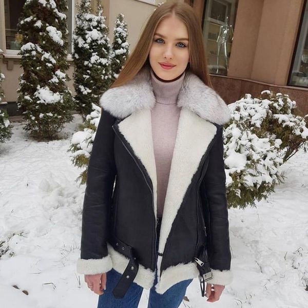 women's fur & faux shearling jacket women real sheepskin coat winter warm fashion bomber with blue collar, Black
women's fur & faux shearling jacket women real sheepskin coat winter warm fashion bomber with blue collar, Black