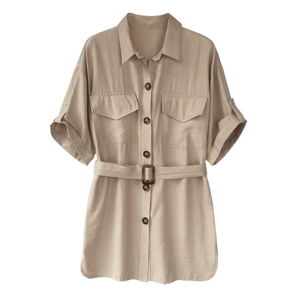 women black khaki sash short sleeve turn down collar loose casual long shirt pocket b0300 210514, White
women black khaki sash short sleeve turn down collar loose casual long shirt pocket b0300 210514, White