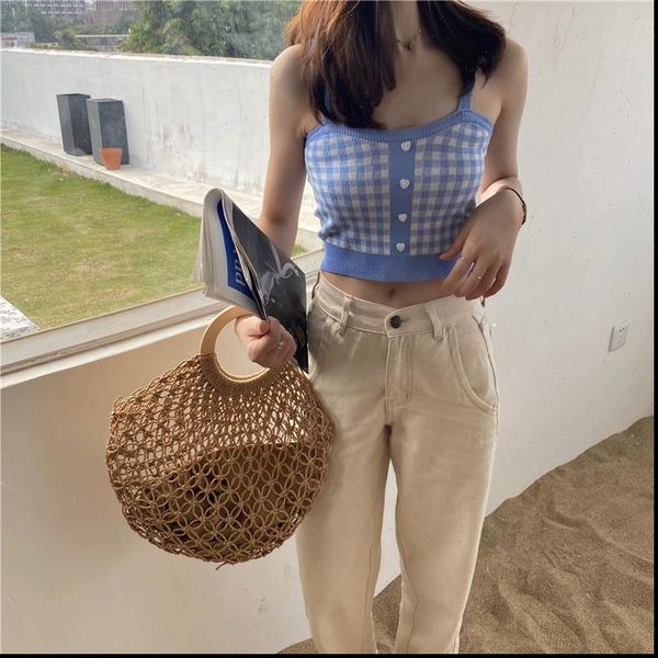 vintage plaid knit camisoles, spaghetti women camis straps sleeveless buttons trim, White
vintage plaid knit camisoles, spaghetti women camis straps sleeveless buttons trim, White