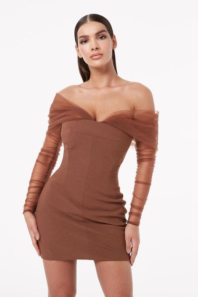 casual dresses 2021 women brown off the shoulder long sleeve v neck mesh vestidos celebrity evening party bandage fashion dress wholesale, Black;gray
casual dresses 2021 women brown off the shoulder long sleeve v neck mesh vestidos celebrity evening party bandage fashion dress wholesale, Black;gray
