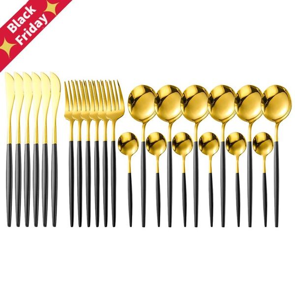 24pcs/set black gold dinnerware set 18/10 stainless steel knife fork spoon cutlery tableware silverware drop sets
24pcs/set black gold dinnerware set 18/10 stainless steel knife fork spoon cutlery tableware silverware drop sets