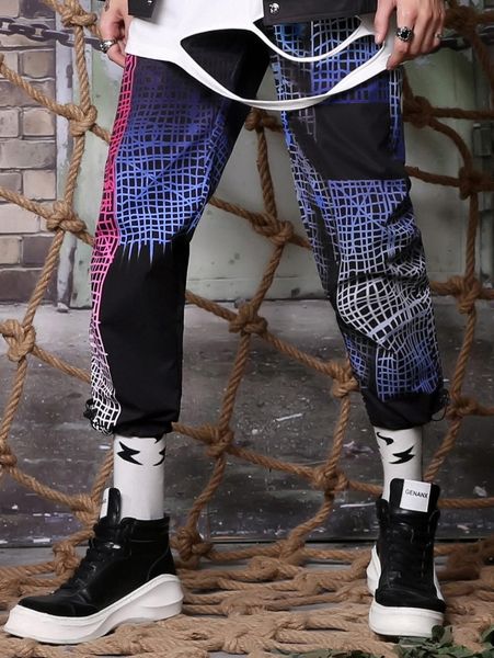 men geo print drawstring waist pants b4lz#, Black