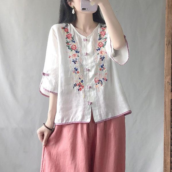 women's blouses & shirts women summer loose vintage embroidery floral linen v-neck collar half sleeve frog buttons female fashion, White
women's blouses & shirts women summer loose vintage embroidery floral linen v-neck collar half sleeve frog buttons female fashion, White