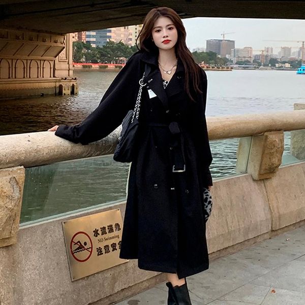 women's trench coats all match fall loose solid black women coat 2021 double breasted lace up slim waist elegant long windbreaker, Tan;black
women's trench coats all match fall loose solid black women coat 2021 double breasted lace up slim waist elegant long windbreaker, Tan;black
