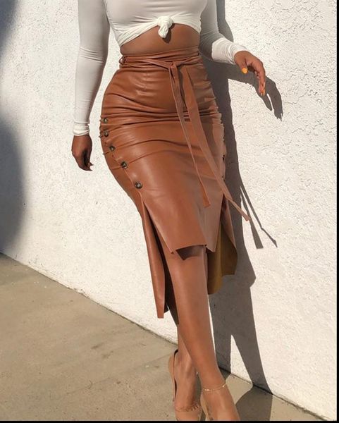 fashion faux leather midi womens skirts high waist button trim slim solid color slit bodycon pencil with belt, Black
fashion faux leather midi womens skirts high waist button trim slim solid color slit bodycon pencil with belt, Black