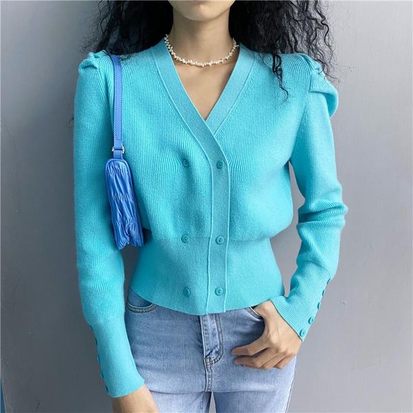 women's knits & tees 2021 fall v neck puff sleeve double breasted short knitted cardigan women long casual sweater knitwear, White
women's knits & tees 2021 fall v neck puff sleeve double breasted short knitted cardigan women long casual sweater knitwear, White