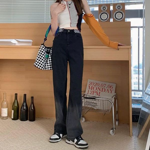 women's jeans checkerboard stitching high waist autumn thin loose straight pants wide leg, Blue
women's jeans checkerboard stitching high waist autumn thin loose straight pants wide leg, Blue