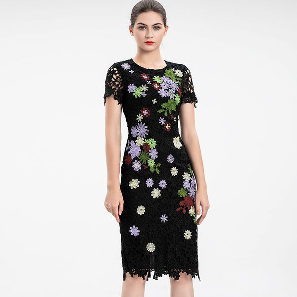 women's runway dresses o neck short sleeves embroidery fashion pencil dress vestidos, Black
women's runway dresses o neck short sleeves embroidery fashion pencil dress vestidos, Black