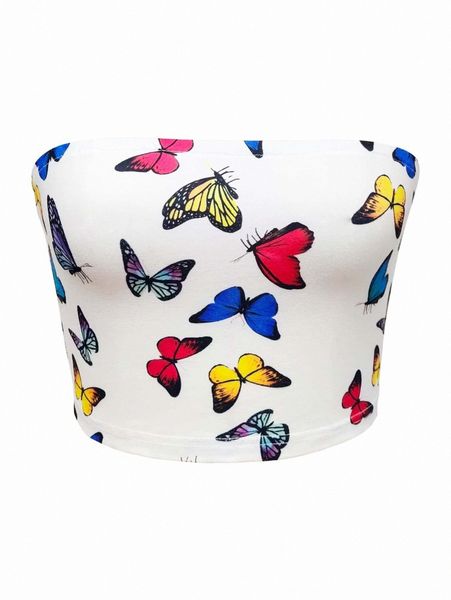 butterfly print tube crop a3is#, White