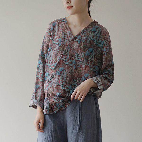 johnature spring women retro floral print embroidery v-neck button long sleeve shirt leisure all-match comfortable 210521, White 
johnature spring women retro floral print embroidery v-neck button long sleeve shirt leisure all-match comfortable 210521, White