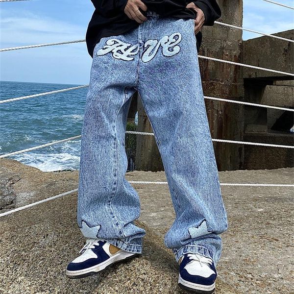 men's jeans street stitch embroidered wash men and women loose leg high hip hop pants instagram skateboard, Blue
men's jeans street stitch embroidered wash men and women loose leg high hip hop pants instagram skateboard, Blue