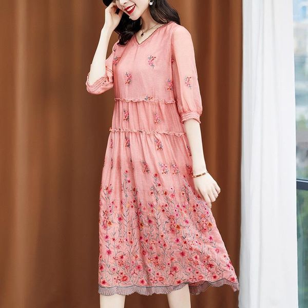 silk dress the summer 2021 5 minutes of sleeve temperament mulberry embroidered loose big yards casual dresses, Black;gray