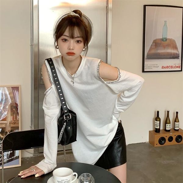 women's t-shirt long sleeve 2021 early autumn loose and versatile simple design sense off shoulder chain solid color, White
women's t-shirt long sleeve 2021 early autumn loose and versatile simple design sense off shoulder chain solid color, White
