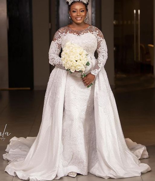 2021 plus size arabic aso ebi luxurious mermaid wedding gowns sheer neck lace beaded long sleeves detachable train wedding dresses zj216, White
2021 plus size arabic aso ebi luxurious mermaid wedding gowns sheer neck lace beaded long sleeves detachable train wedding dresses zj216, White