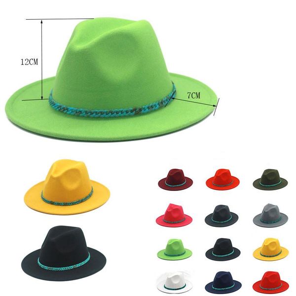 wide brim hats turquoise chain fedora hat women imitation wool luxury chapeu homem panama 2021autumn winter, Blue;gray 
wide brim hats turquoise chain fedora hat women imitation wool luxury chapeu homem panama 2021autumn winter, Blue;gray