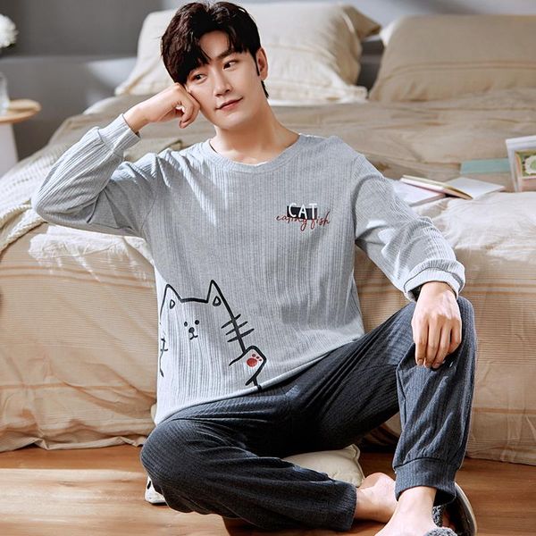 men's sleepwear men home suit autumn winter gray knit cotton long sleeve pajamas set with pants harajuku cat anime printed casual male, Black;brown
men's sleepwear men home suit autumn winter gray knit cotton long sleeve pajamas set with pants harajuku cat anime printed casual male, Black;brown