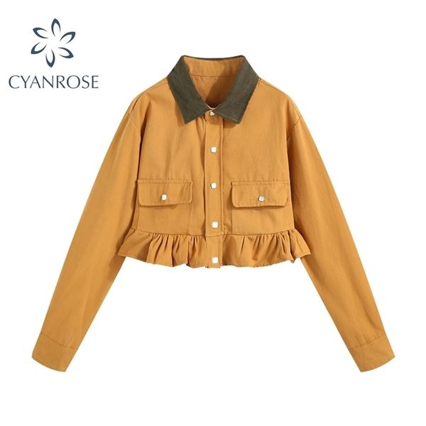 ruffle patchwork crop jacket women's cardigan single breasted coat lapel streetwear retro stylish ruched short outer 210515, Black;brown
ruffle patchwork crop jacket women's cardigan single breasted coat lapel streetwear retro stylish ruched short outer 210515, Black;brown