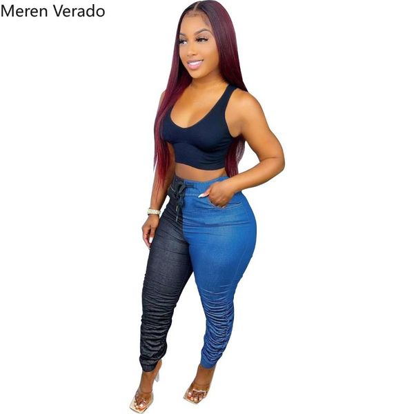 women's jeans meren verado fashion patchwork colour women casual high waist drawstring pockets pleated stacked pencil pants autumn 2021, Blue
women's jeans meren verado fashion patchwork colour women casual high waist drawstring pockets pleated stacked pencil pants autumn 2021, Blue