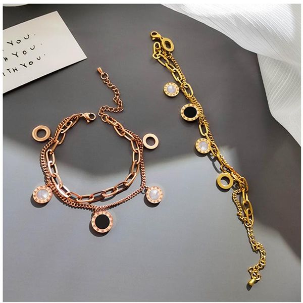 link, chain double stainless steel bracelet for women round shell roman numerals charms fashion brand hand jewelry z130, Black
link, chain double stainless steel bracelet for women round shell roman numerals charms fashion brand hand jewelry z130, Black
