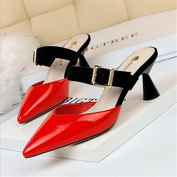 women's baotou sandals korean mixed colors flock belt buckle slipper women high heels patent leather shallow shoes sexy, Black
women's baotou sandals korean mixed colors flock belt buckle slipper women high heels patent leather shallow shoes sexy, Black