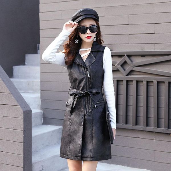 women's leather & faux pu vest long trench coat female sleeveless waistcoat blazer outerwear with belt, Black
women's leather & faux pu vest long trench coat female sleeveless waistcoat blazer outerwear with belt, Black