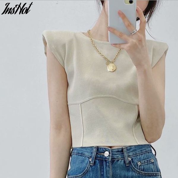 women shoulder pad casual knitted tank solid color sleeveless o-neck fold striped cropped tank 210514, White
women shoulder pad casual knitted tank solid color sleeveless o-neck fold striped cropped tank 210514, White